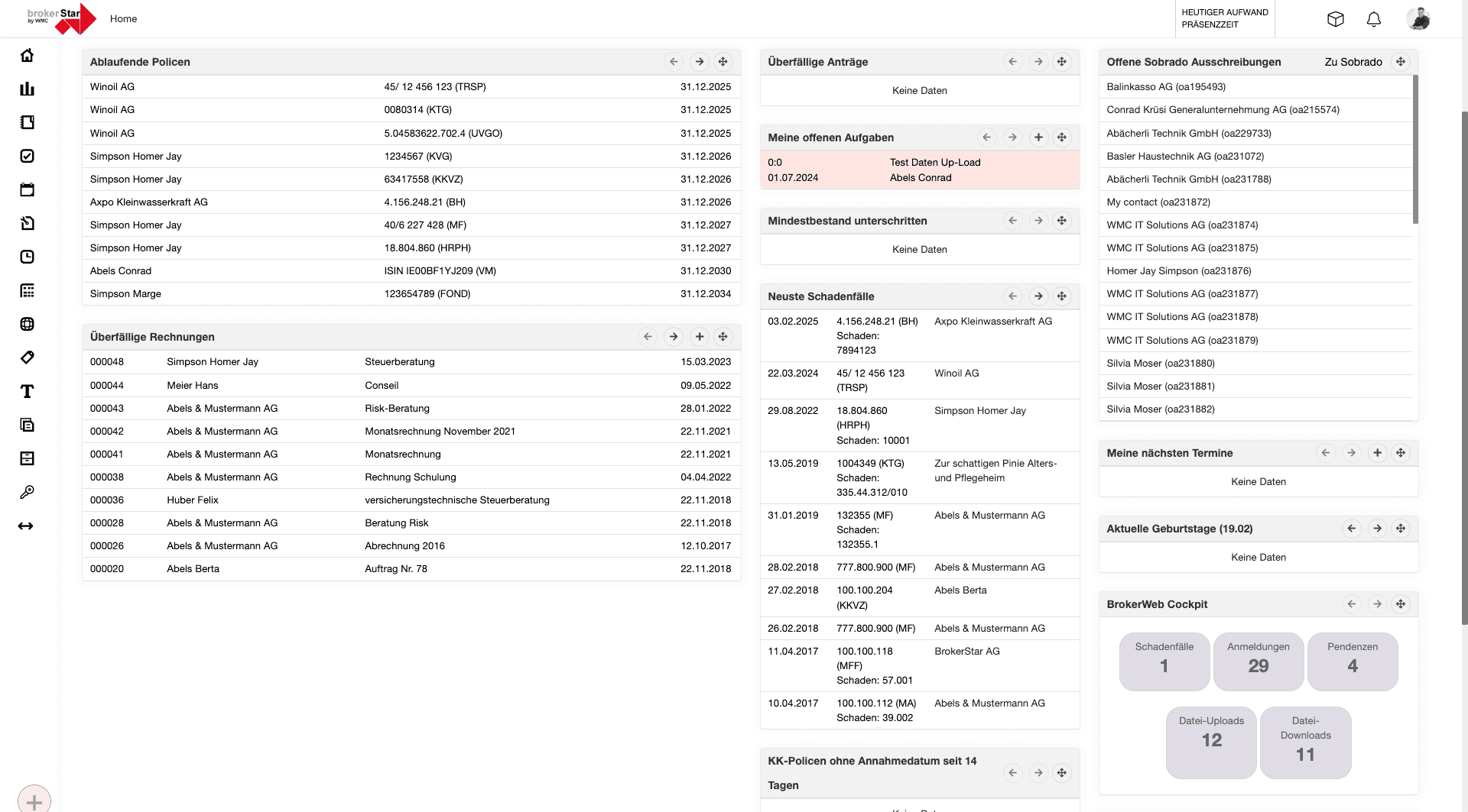 BrokerStar Dashboard mit Policenübersicht, Aufgaben und Schadensfällen